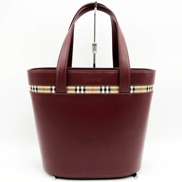 BURBERRY Handbag Tote Bag Formal Nova Check Bordeaux Red Leather Ladies Fashion USED
