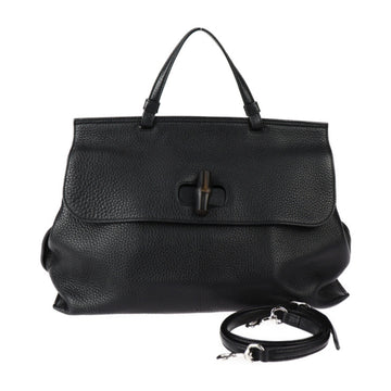 GUCCI Daily Bamboo Handbag 370830 Leather Black Shoulder Bag Turnlock