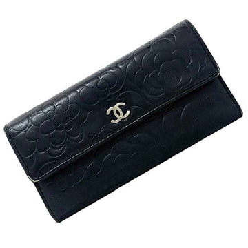 Chanel Cambon Line Chain Wallet Bifold Long Leather Enamel Black