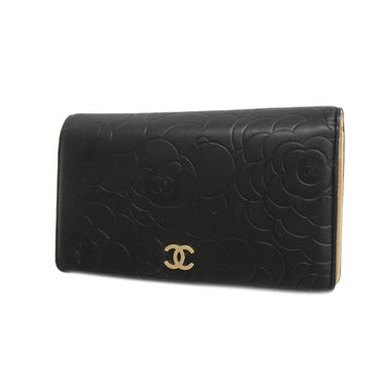 Chanel bi-fold long wallet camellia lambskin black gold metal