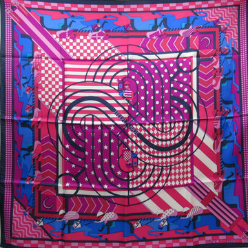 HERMES Scarf Carre 90 STEEPLE CHASE Pink Blue Navy Silk