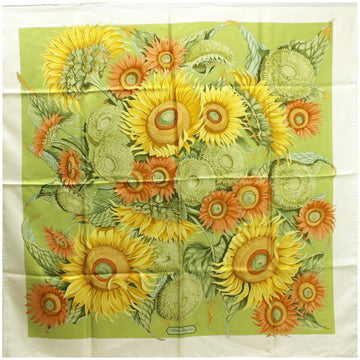 SALVATORE FERRAGAMO Silk Scarf Muffler Cream x Lime Green Sunflower Pattern  Women's
