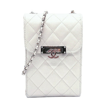 CHANEL Crossbody Shoulder Bag Smartphone Case Phone Pouch Matelasse Coco Mark Caviar Skin Leather Off-White Women's A84051