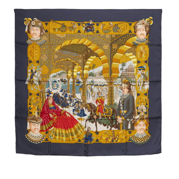 HERMES Carre 90 MAHARAJAS Maharaja Scarf Muffler Gray Gold Multicolor Silk Women's