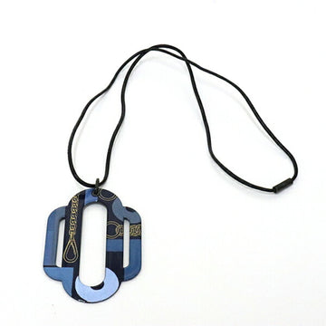 Hermes Pendant Atrage Carre Takan Blue / Black Palladium Plated x Enamel Leather H071830 Harness 70cm Long Necklace