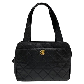 CHANEL Matelasse Caviar Skin Turnlock Handbag Mini Tote Bag Black 89708