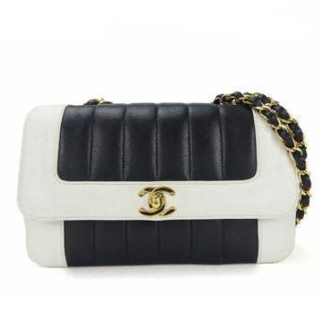 CHANEL Chain Shoulder Bag Mademoiselle Lambskin Leather Coco Mark Navy White Chic Ladies shoulder bag coco leather