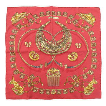 HERMES Carre 40 LES CAVALIERS D'OR Golden Knight Scarf Silk Red