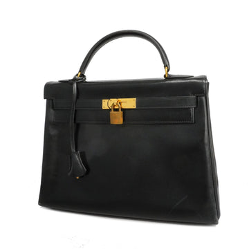 Hermes Kelly 32 N Engraved Women's Box Calf Leather Handbag Black