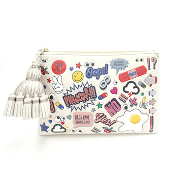 ANYA HINDMARCH Clutch Bag All Over Stickers Ivory Leather Tassel Pouch Women's