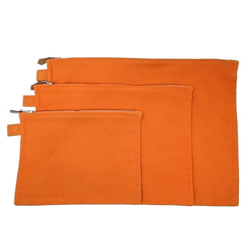 HERMES Bora Pouch 3 Piece Set Orange Flat Clutch Bag Cosmetic Makeup Cotton Canvas
