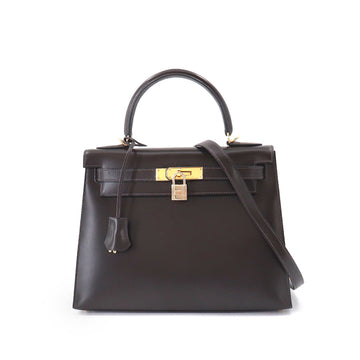 Hermes Kelly 28 2way hand shoulder bag box calf chocolate E stamp outside sewing gold metal fittings