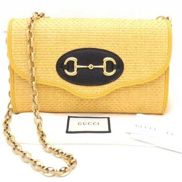 GUCCI Shoulder Bag Horsebit Straw/Leather Yellow x Black Gold Women's 655667