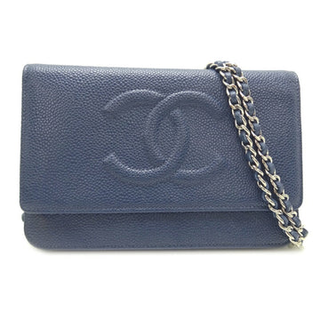 Chanel chain ladies long wallet caviar skin blue