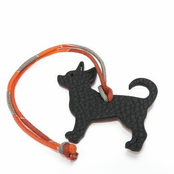 HERMES Bag Charm Petit Ash Vaux Epson Black Red Chihuahua Motif Accessory