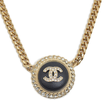 Chanel Cocomark Round Rhinestone Chain Necklace Gold Black A20B