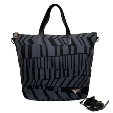 PRADA triangle logo metal fittings all over pattern cotton leather 2way shoulder bag tote black gray