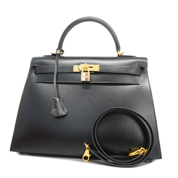 Hermes 2WAY Bag Kelly 32 I Stamp Women's Box Calf Leather Handbag Black
