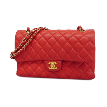 CHANELAuth  Matelasse W Flap W Chain Caviar Leather Cherry Red