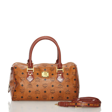 MCM Visetos Glam Mini Boston Handbag Shoulder Bag Brown Leather Ladies