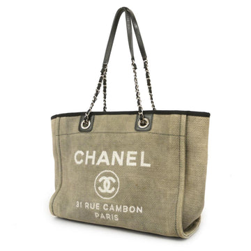 CHANEL Tote Bag Deauville Chain Shoulder Canvas Navy Gray Silver Hardware Women's