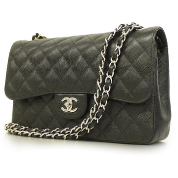 CHANEL Shoulder Bag Big Matelasse W Flap Chain Caviar Skin Black Silver Hardware Women's