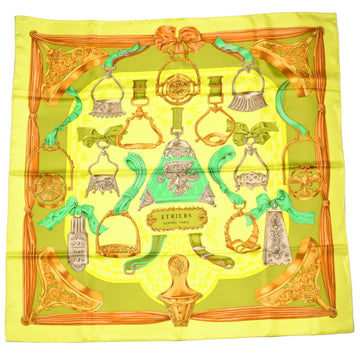 HERMES Carre 90 silk scarf muffler ETRIERS stirrup harness yellow green multicolor