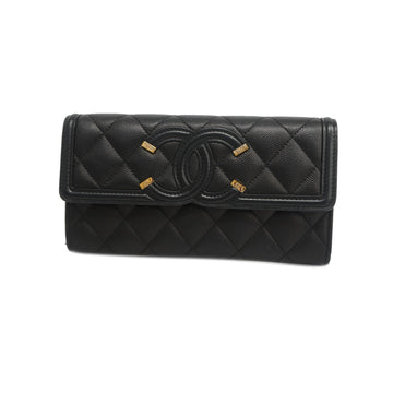 CHANELAuth  CC Filigree Women's Caviar Leather Long Wallet [bi-fold] Black