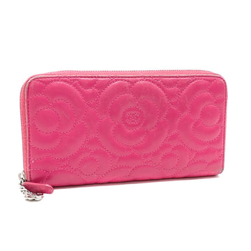 CHANEL Round Long Wallet Women's Pink Lambskin Camellia A210809