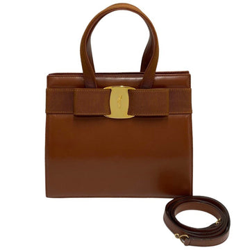 SALVATORE FERRAGAMO Vara Ribbon Calf Leather 2way Handbag Shoulder Bag Brown