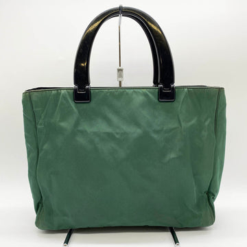 PRADA handbag tote bag armrest triangular plate logo white tag green black nylon ladies USED