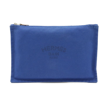 HERMES Yachting GM Flat Pouch Multi Clutch Bag Second Canvas Leather Blue
