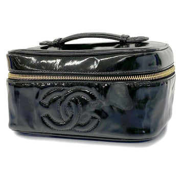CHANEL Vanity Bag Patent Leather Black Gold Hardware Women's