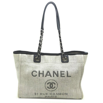 Chanel Deauville Chain Tote Women's Shoulder Bag A67001 Straw Light Gray