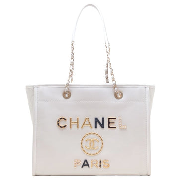 CHANEL Deauville MM Medium Chain Tote A67001 Bag Calfskin Ivory 450264