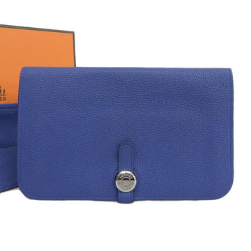 HERMES Dogon GM Bifold Long Wallet Taurillon Clemence Blue Electric X Engraved