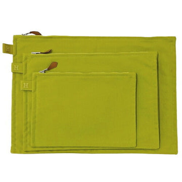 HERMES Pouch Women's Men's Bora Cotton Canvas Light Green Yellow 3 Piece Set Multi Case