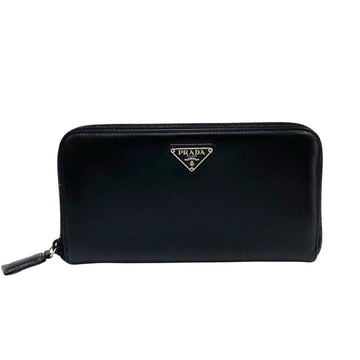 PRADA triangle logo metal fittings leather genuine round zip long wallet black