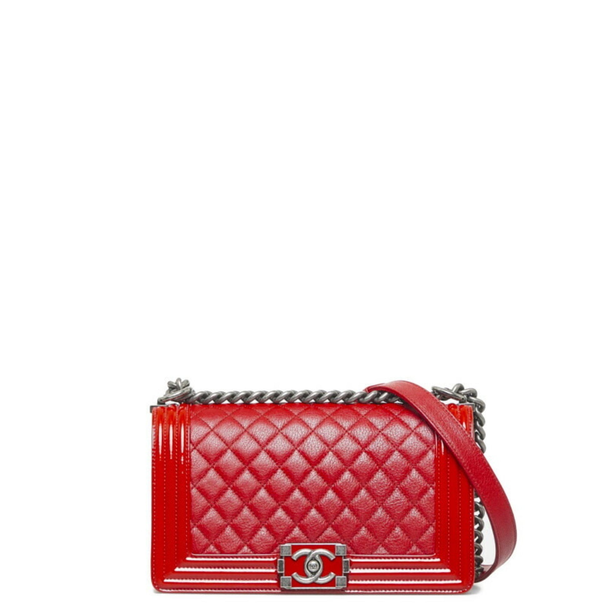 CHANEL Boy Matelasse Coco Mark Chain Shoulder Bag Red Leather Patent W