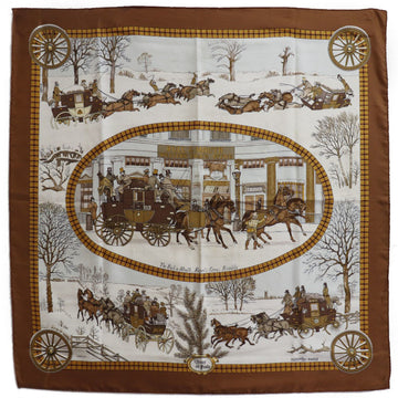HERMES Carre 90 L'HIVER EN POSTE Winter Mail Carriage Silk Brown/White Women's Scarf