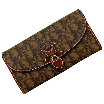 CHRISTIAN DIOR Bifold Long Wallet Brown Beige Silver Trotter PVC Leather Flap Heart