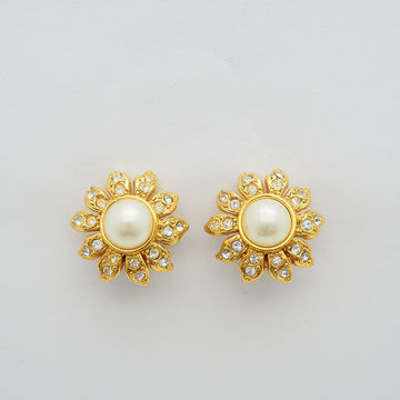CHANEL pearl stone flower earrings ladies 97P gold fake rhinestone