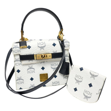 MCM handbag shoulder bag 2way crossbody ladies' trapezoid brand logo Visetos pattern with coin case / leather gold metal fittings white navy