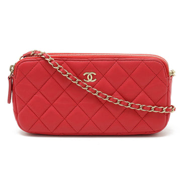 CHANEL Matelasse W Zip Chain Wallet Shoulder Clutch Bag Leather Pink Red A82527