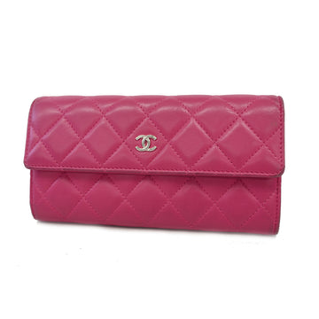 Chanel bi-fold long wallet matelasse lambskin pink silver metal