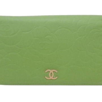 Chanel Bi-Fold Wallet Camellia Coco Mark Green Leather Women's