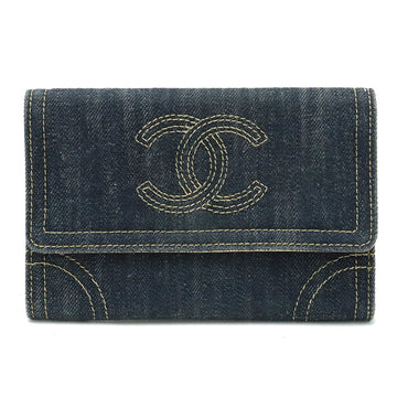 CHANEL Sparkling Coco Mark Trifold Wallet Metallic Leather Blue Gold A31991
