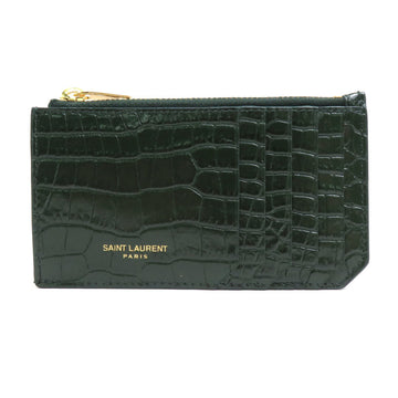 SAINT LAURENT coin case wallet embossed leather dark green unisex 631992