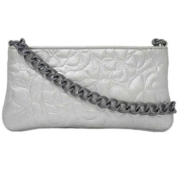 CHANEL Silver Camellia Leather Metal No. 8 Chain Embossed Pouch Flower Pattern Handle Included