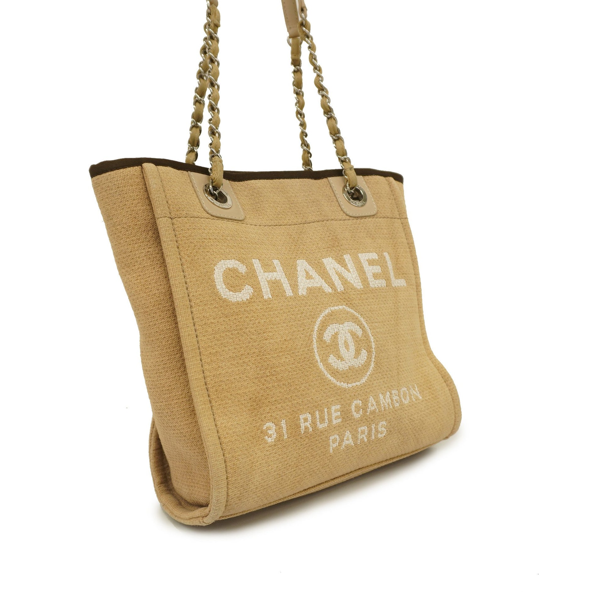 Chanel tote bag Deauville canvas beige silver metal